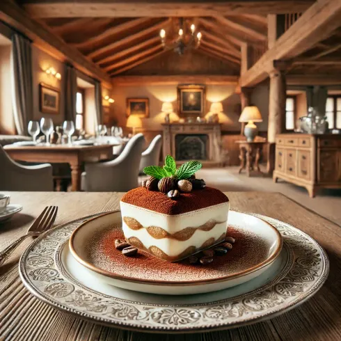 A piece of cake on a plate in a restaurant