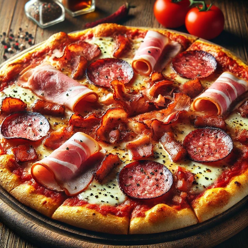 Una pizza con pancetta e salame è su un tagliere di legno.