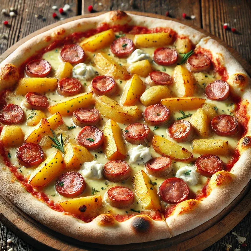 Una pizza con patate e salsiccia su un tavolo di legno.