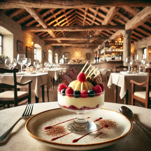 A dessert in a glass on a plate in a restaurant