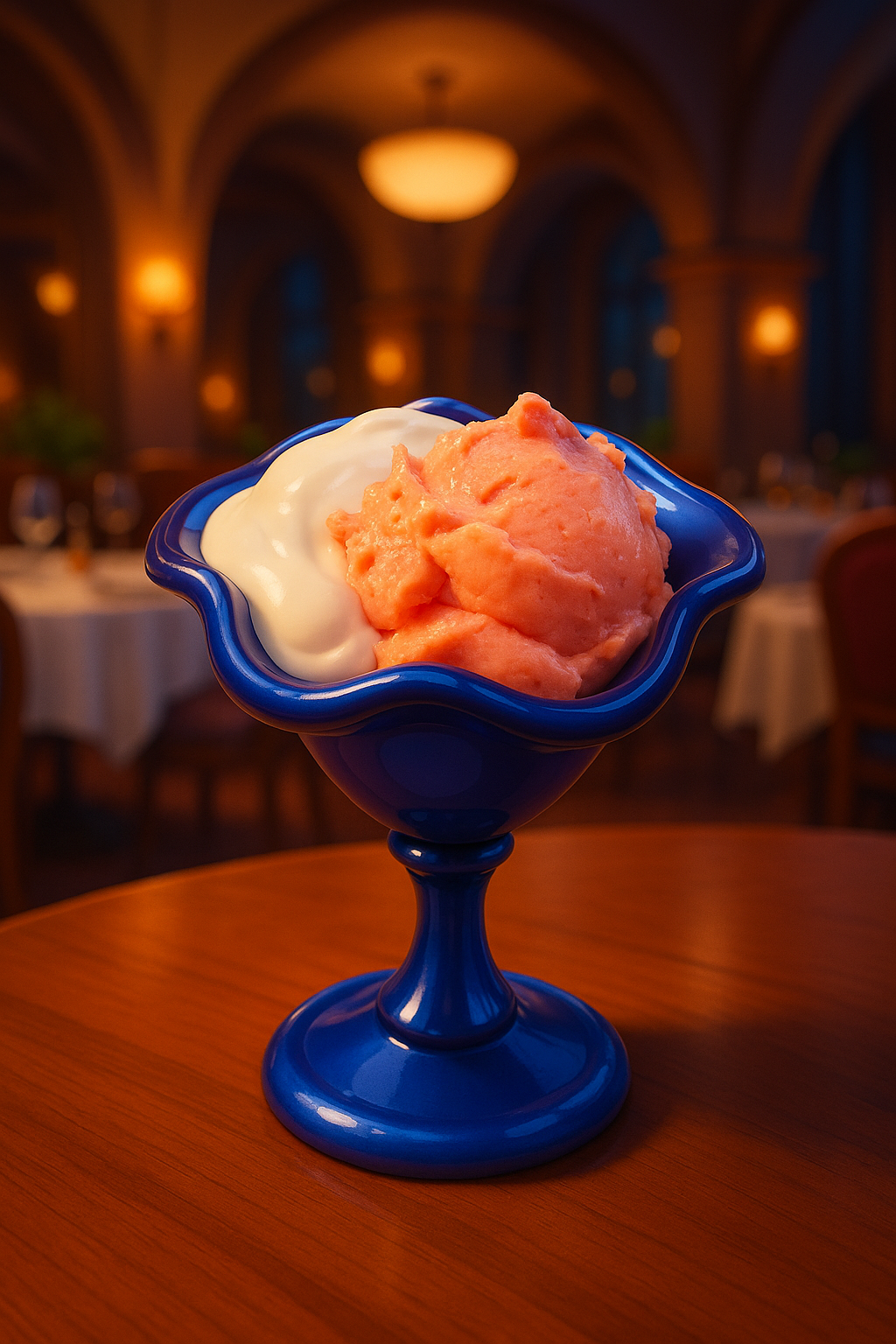 Una ciotola di gelato con panna montata e noci su un tavolo