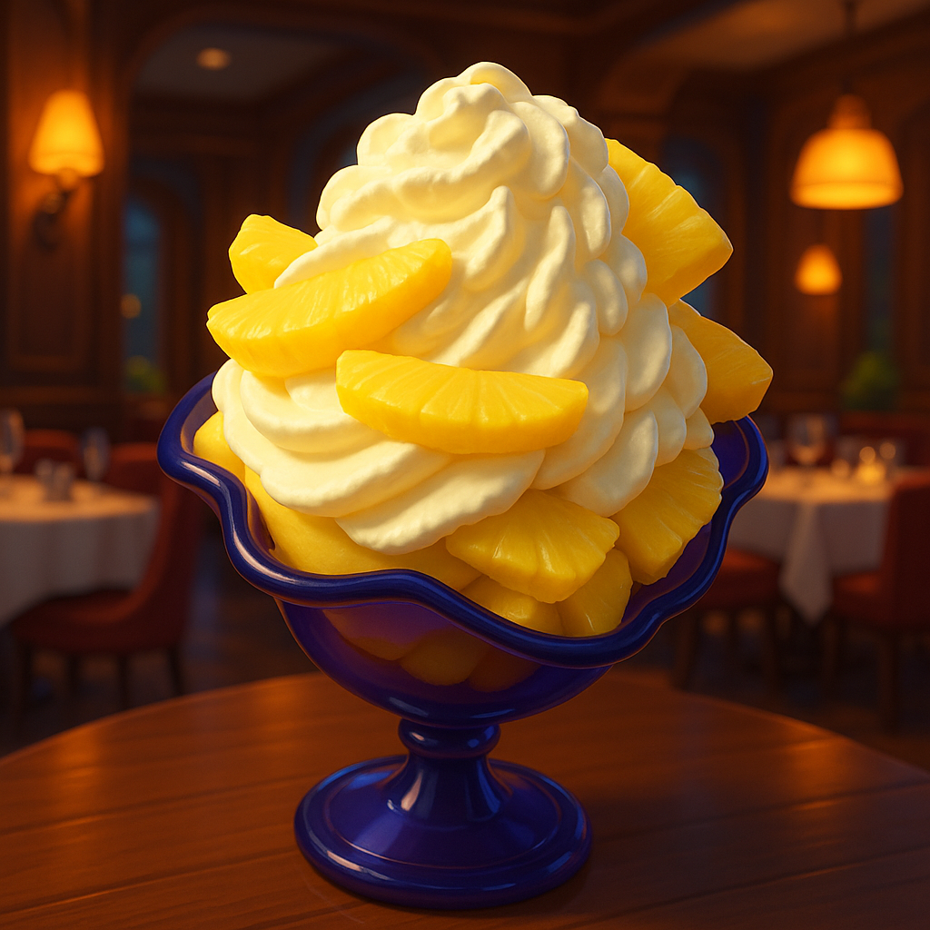 Una ciotola di gelato all'ananas con fette di ananas su un tavolo.