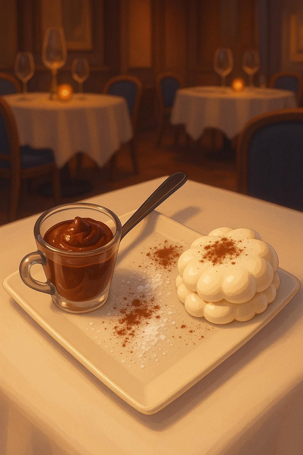 Un dessert in un bicchiere su un piatto in un ristorante