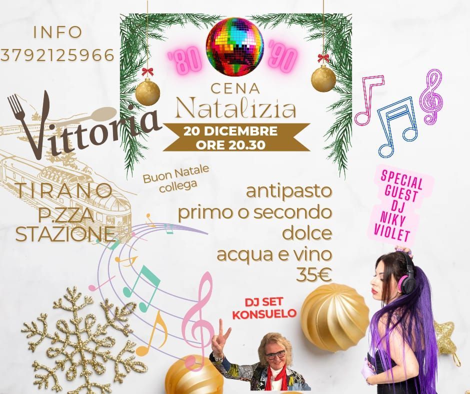 A poster for a christmas party with a woman singing and a disco ball.