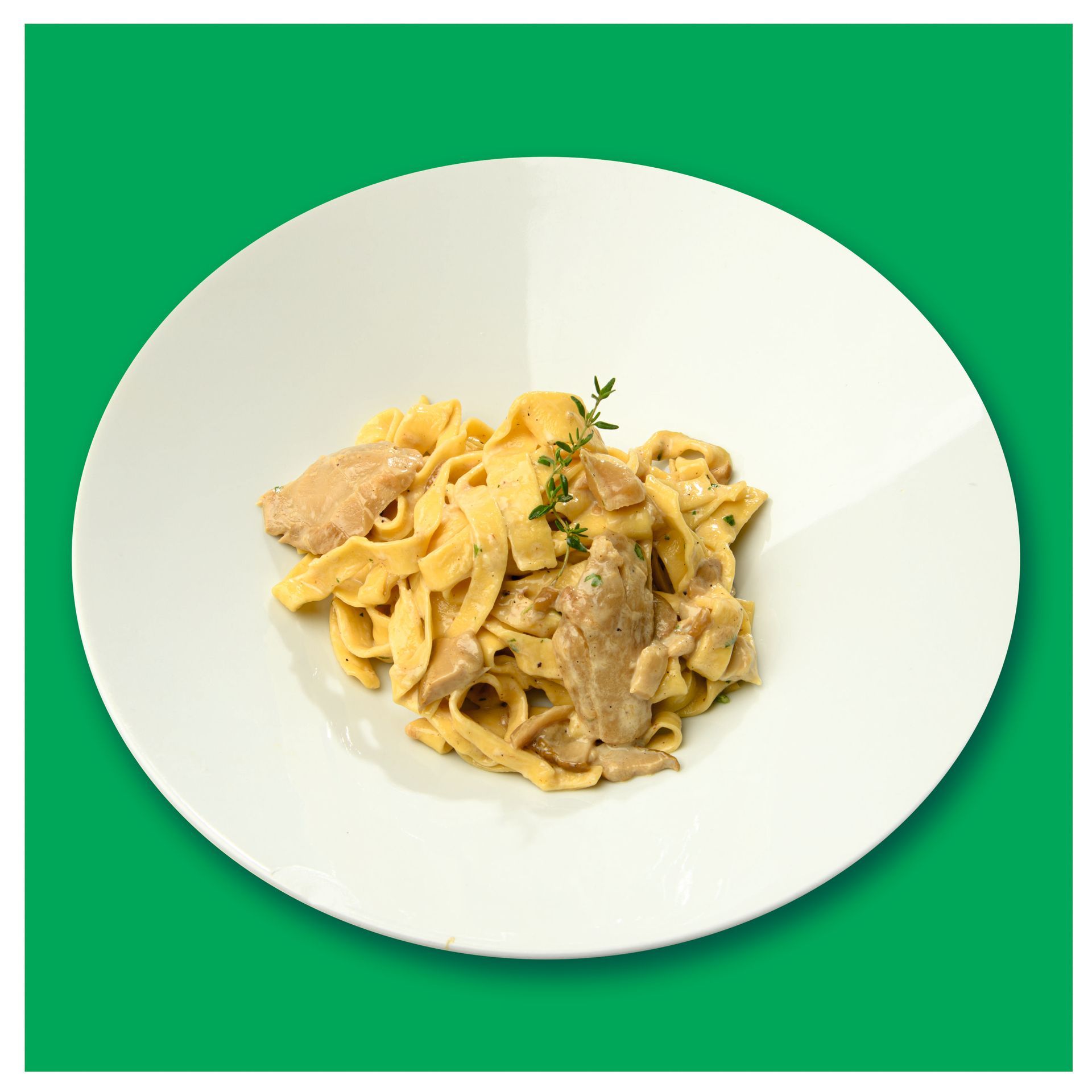 Un piatto bianco con sopra tagliatelle e carne su uno sfondo verde.