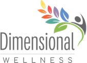 A logo for dimensional wellness with a person and a tree.