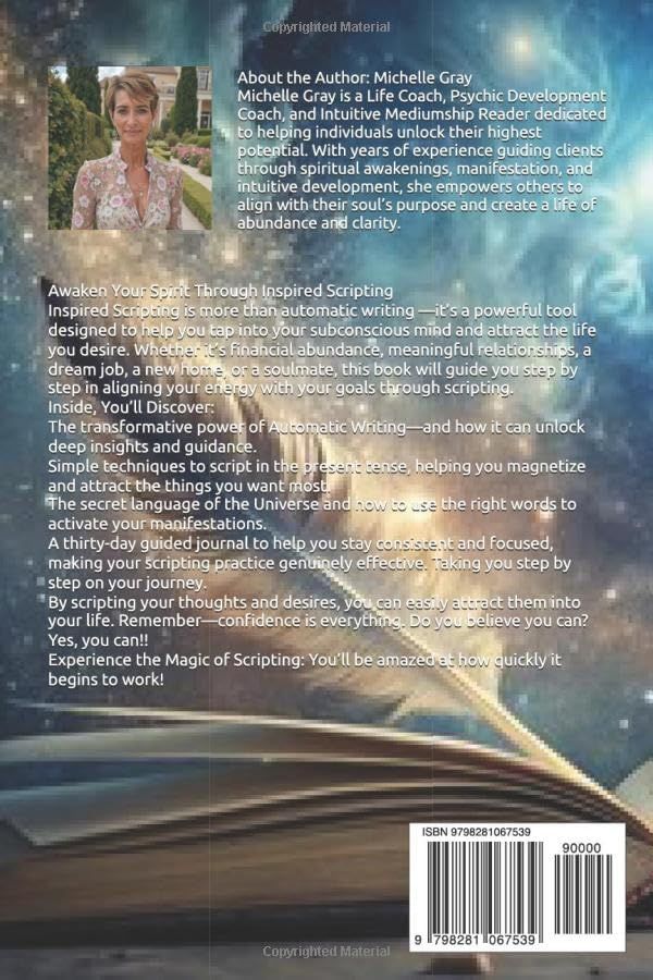Back cover of a book featuring a photo of an author, text about scripting, and a barcode against a cosmic background.