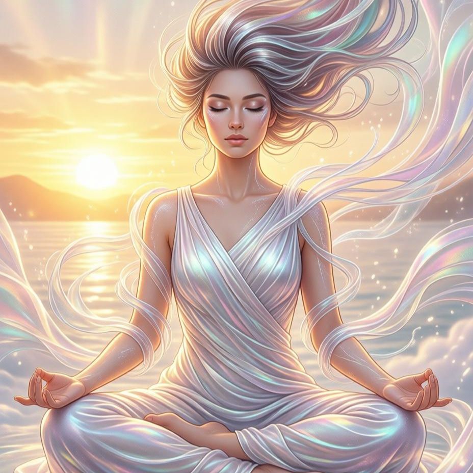 A serene person in white robes meditates in a lotus position against a sunset over water, surrounded by flowing light.