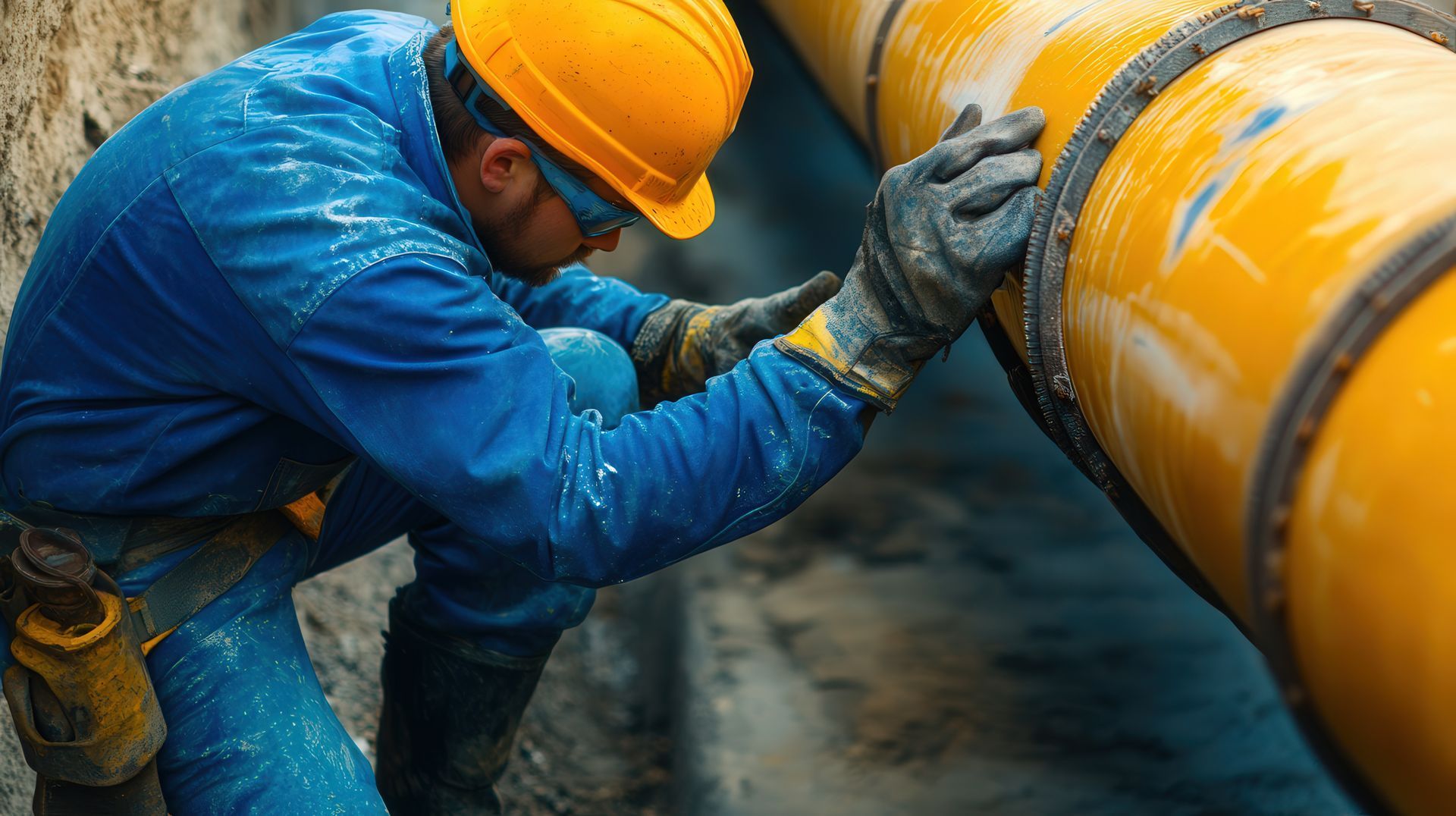 A man in a hard hat is working on a yellow pipe.