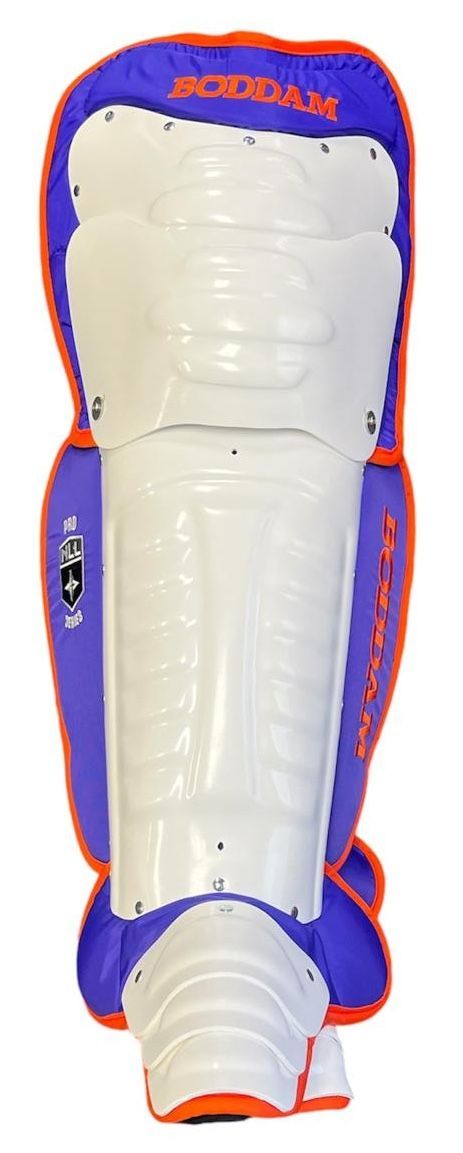 A pair of black and white shin guards on a white background
