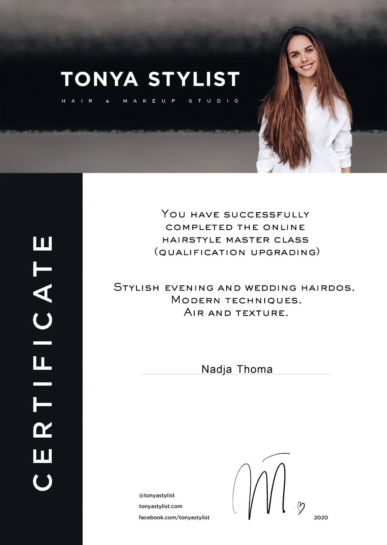 Certificate Tonya Stylist mit Foto für Nadja Thoma mit Unterschrift von Tonya