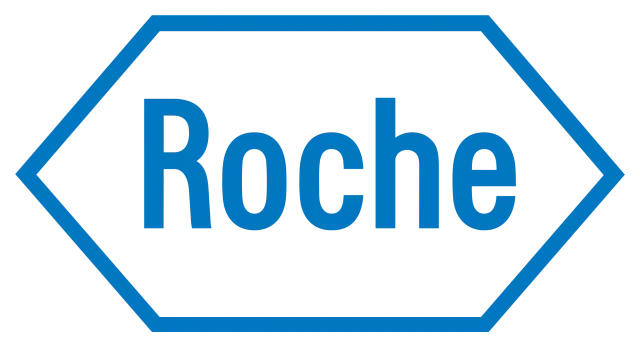 hellblaues Logo von Roche Schweiz, Schriftzug und geometische Umrahmung