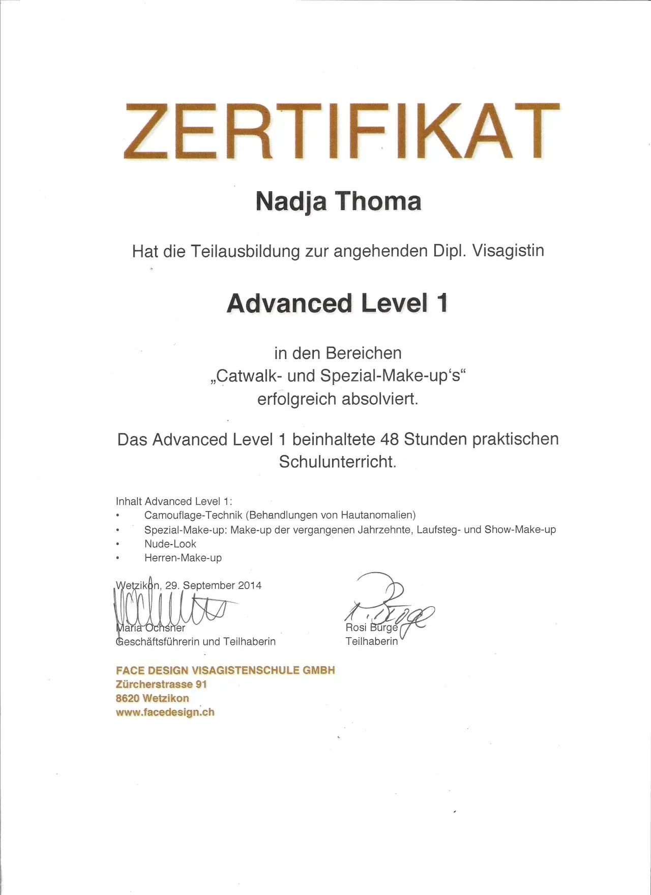 Ausbildungsdetails Advanced Level 1 Visagistin Aufzählung der Lerninhalte Catwalk Nadja Thoma
