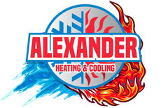 ALEXANDER Heating & Cooling logo with blue snowflake and red flame graphics