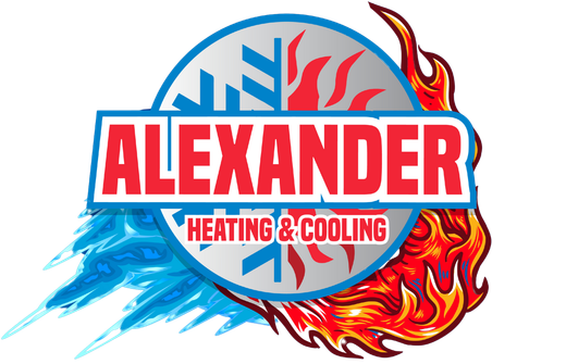ALEXANDER Heating & Cooling logo in red and blue with a snowflake, flames, and brushstroke accents