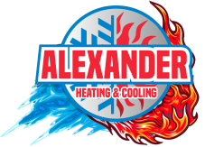 ALEXANDER Heating & Cooling logo with blue snowflake and red flame graphics