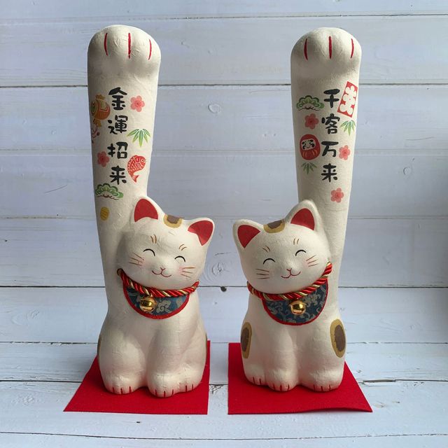 Large Arm Cat Set - Bringing Good Fortune & Attracting Thousands of Customers - Washi Paper Lucky Cat