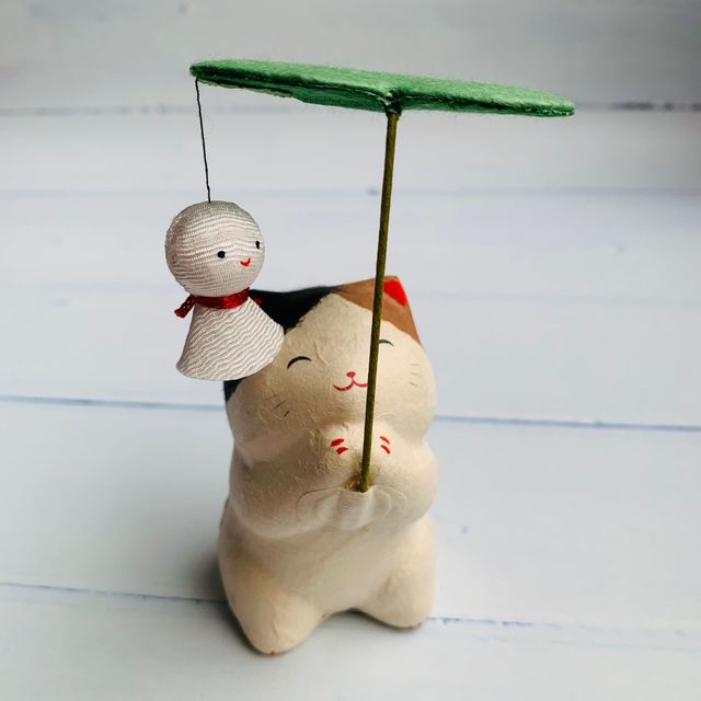 Rainy days can bring joy - Lucky cat and teru teru bozu - Washi paper mascots