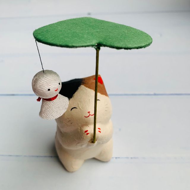Rainy days can bring joy - Lucky cat and teru teru bozu - Washi paper mascots