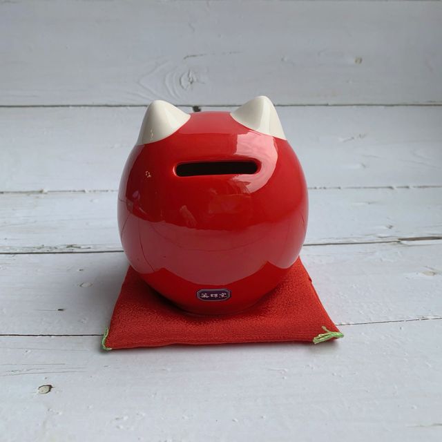 Painted Lucky Cat Daruma Money Box (Red/Cherry Blossom/Medium)