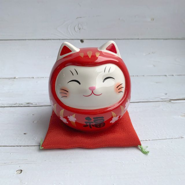 Painted Lucky Cat Daruma Money Box (Red/Cherry Blossom/Medium)