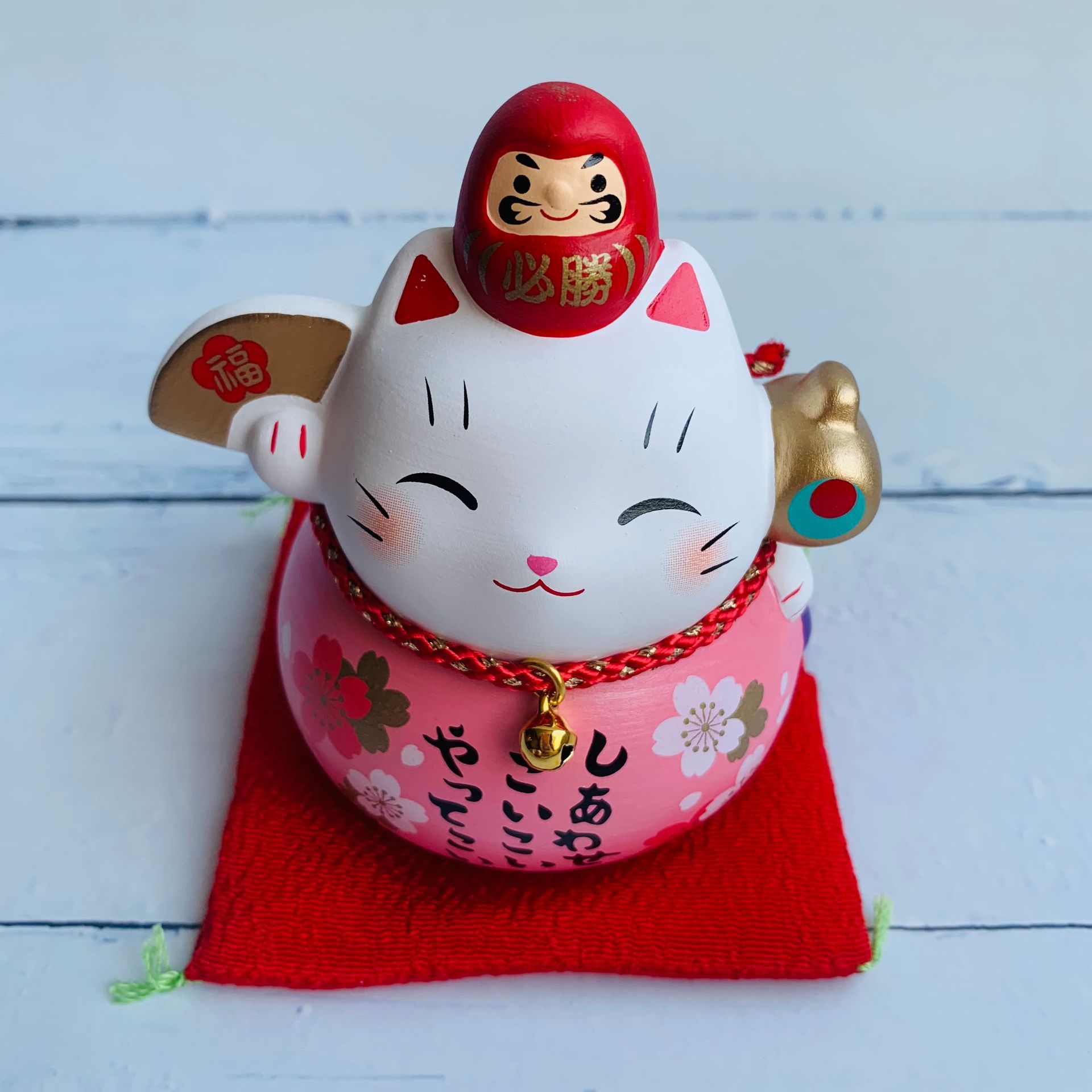 Colorful and Victorious Daruma and Lucky Cat (Happiness/Good Fortune/Pink Cherry Blossom/Fan/Lucky Hammer - Small - Japanese Mascot)