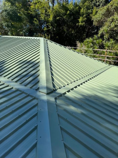 Green Corrugated Metal Roof With Ridge and Surrounding Trees — Lee Pakau Roofing & Guttering in Banora Point, NSW