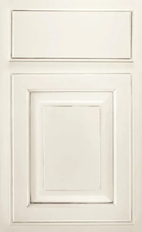 White kitchen cabinet door with a rectangular top panel and a square framed panel below.