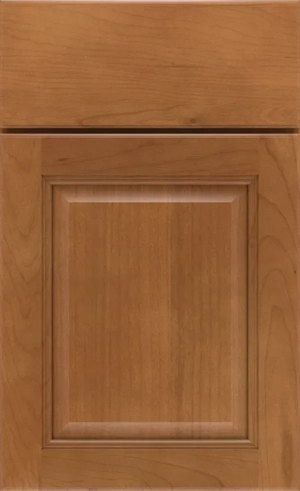 Wooden kitchen cabinet door, medium brown finish, recessed panel.