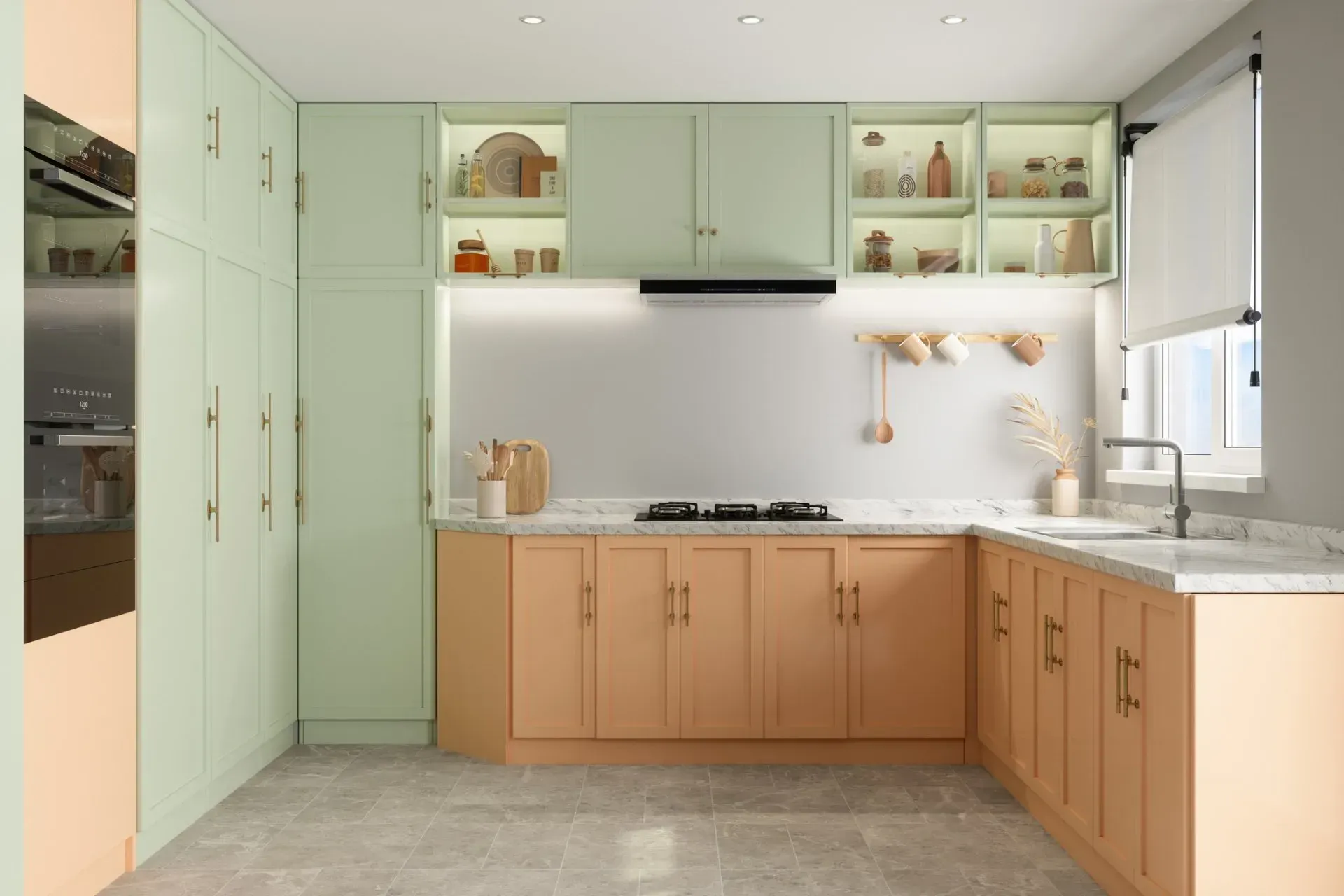 L-shaped kitchen with light green and wood cabinets, white countertops, and a window.