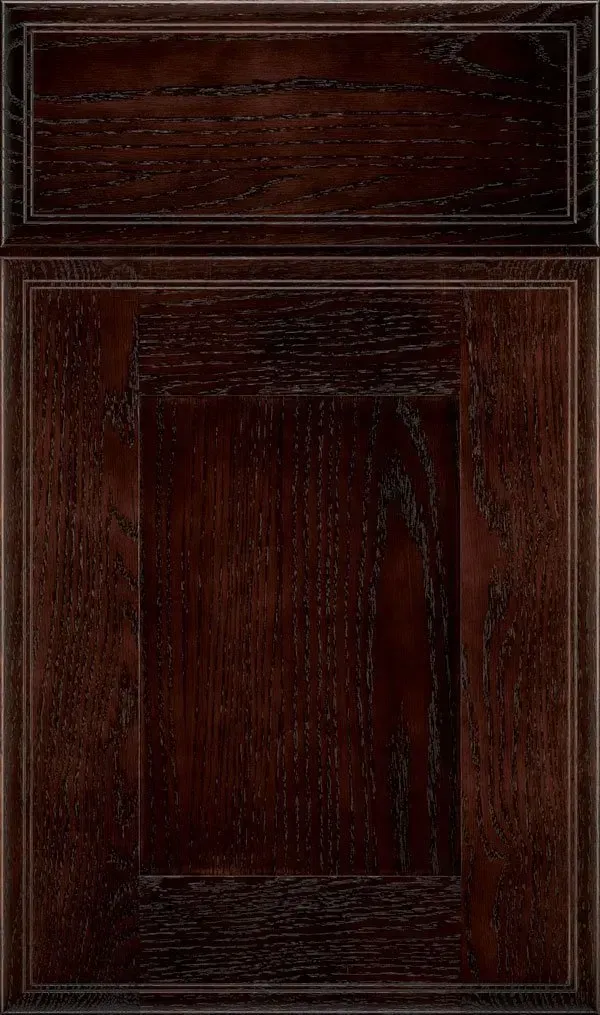 Dark brown wooden cabinet door with a framed panel.