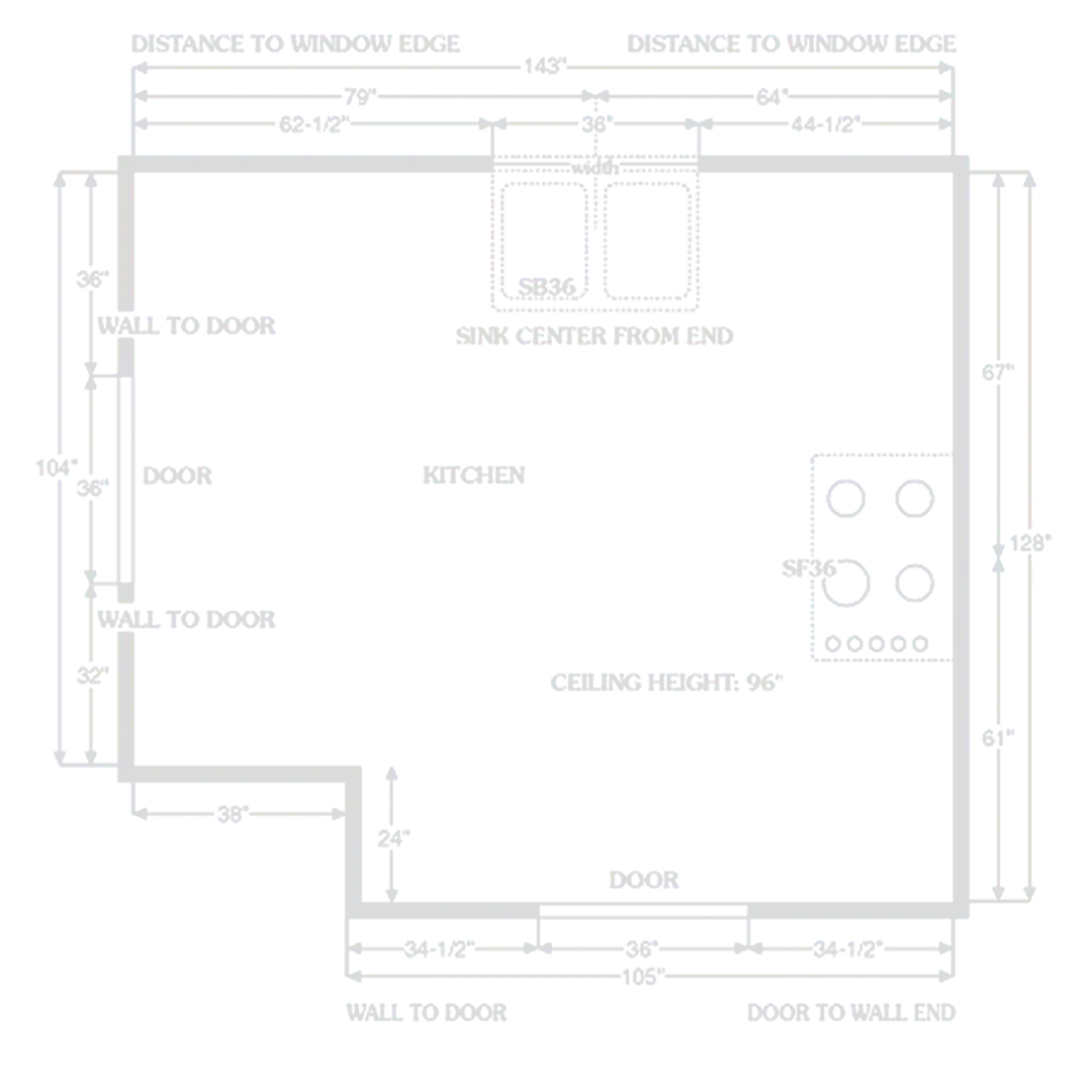 Kitchen floor plan with dimensions labeled, featuring windows, doors, a sink, and a stove.