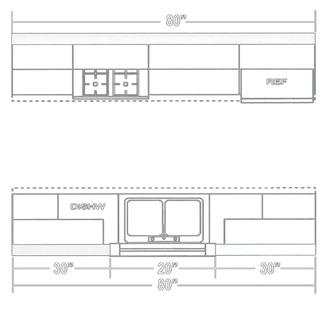 Diagram of a kitchen countertop with a cooktop and cabinets. Dimensions provided are 96