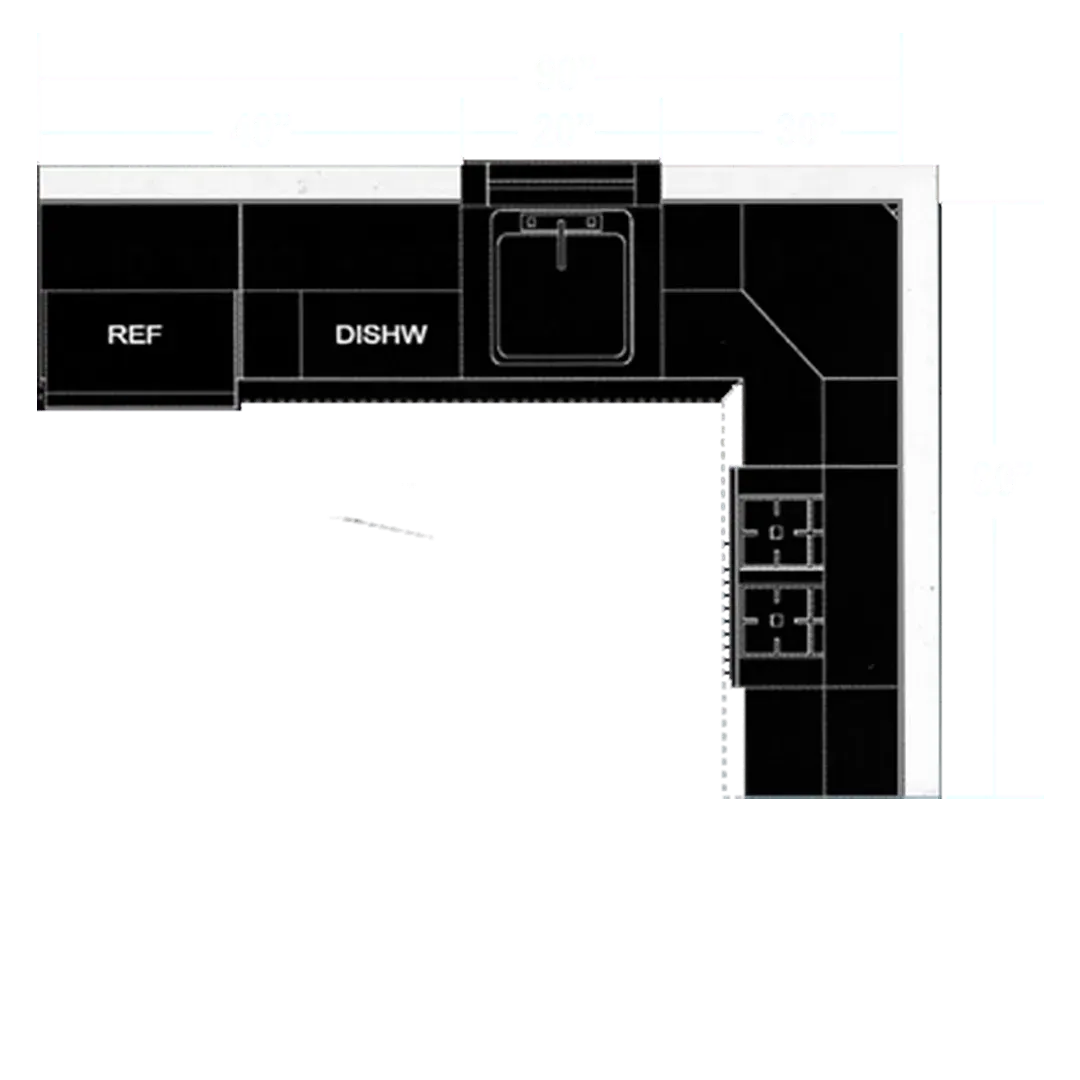 Top-down view of a modern L-shaped kitchen layout in black with labeled appliances like a fridge and dishwasher.