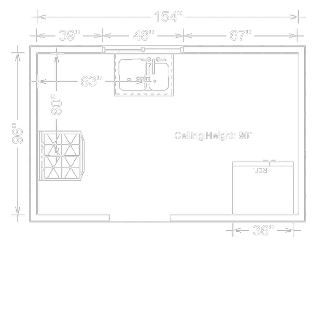 Top-down kitchen layout with dimensions labeled: sink, stove, cabinet, and a 96