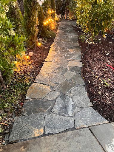 A stone walkway in a garden with lights on the side of it.
