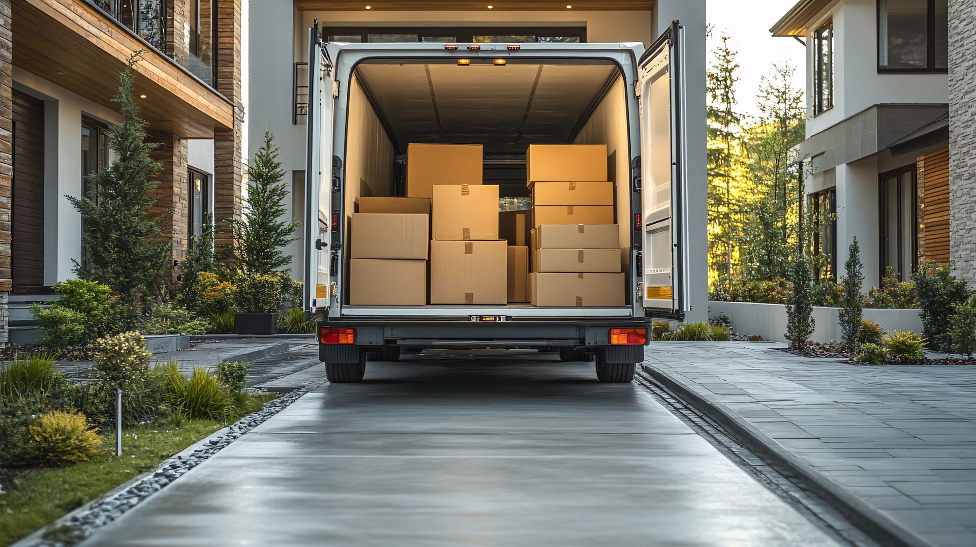 Moving van loaded with cardboard boxes, parked in front of a house, driveway view.
