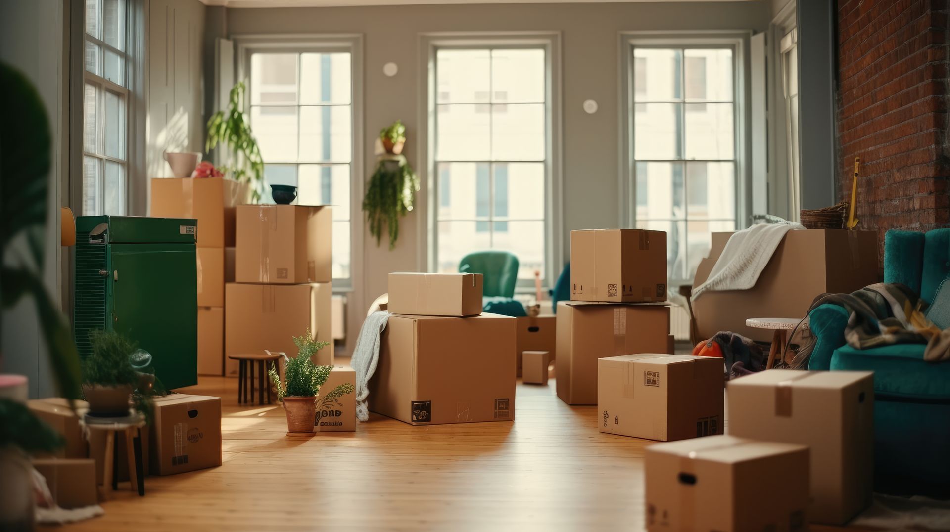 Moving boxes fill a sunny room with windows; a few plants and furniture visible.