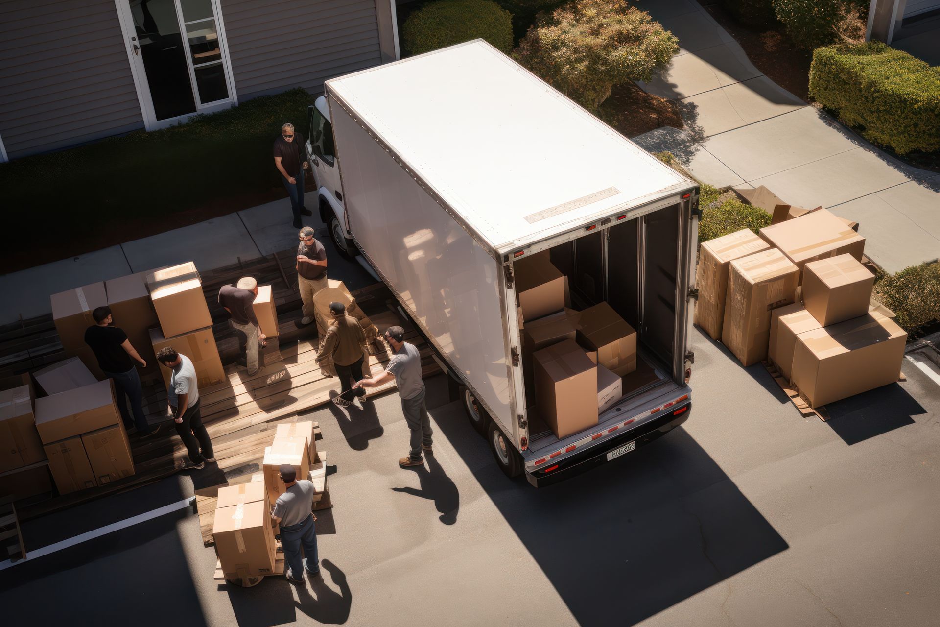 Movers loading a white truck with cardboard boxes on a sunny residential street.