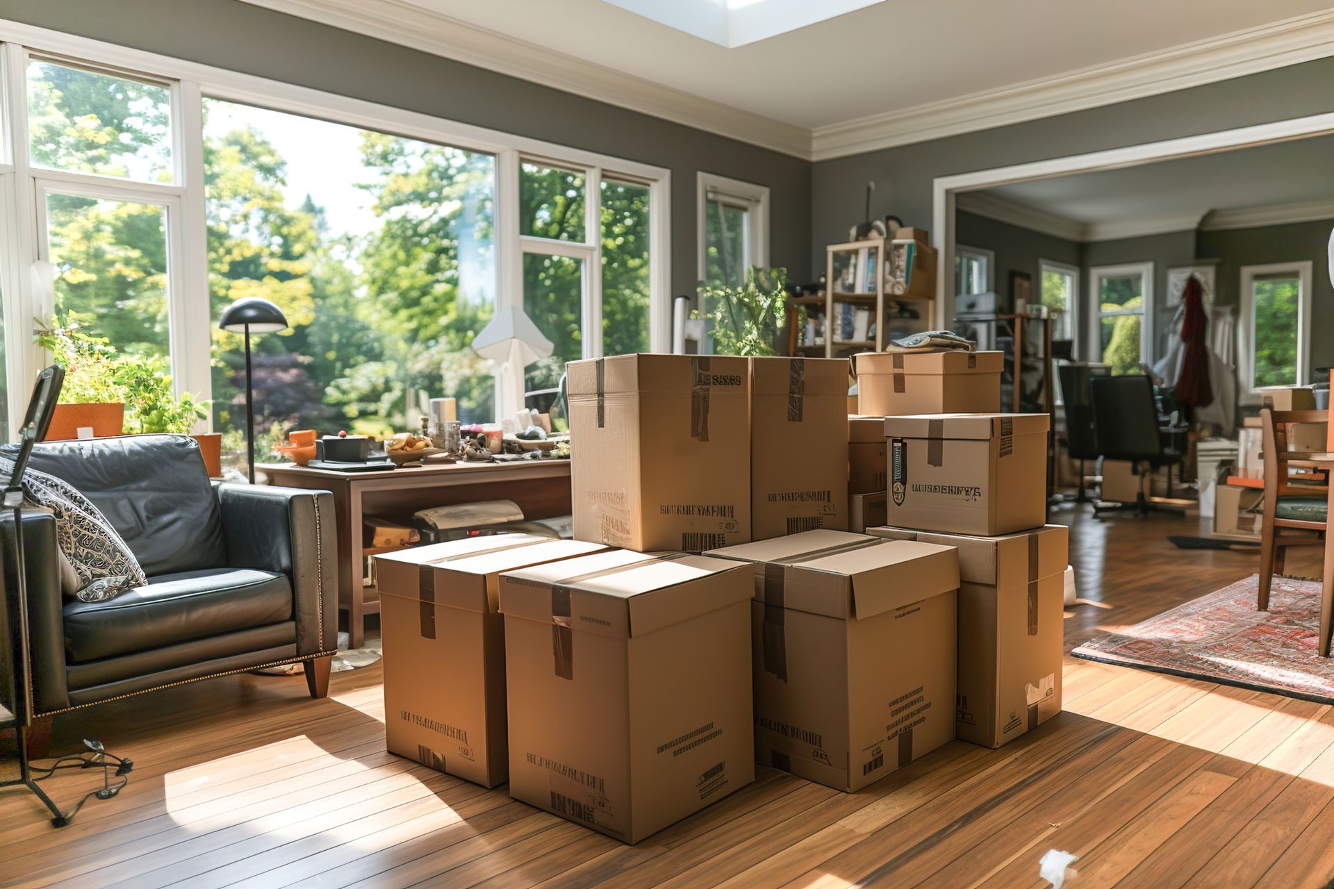 Living room with stacked cardboard boxes, sunlight, and a view of trees through a large window.