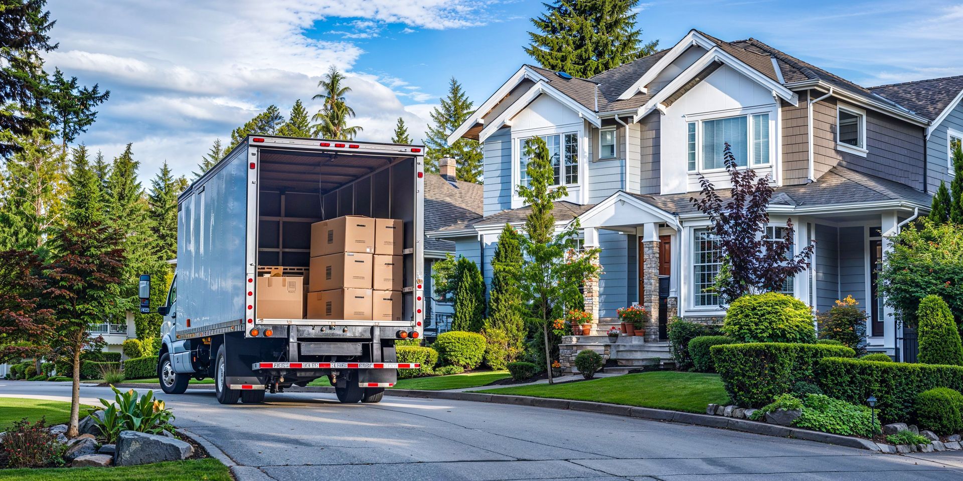 Moving truck parked in front of a house, filled with boxes. Sunny day, residential setting.