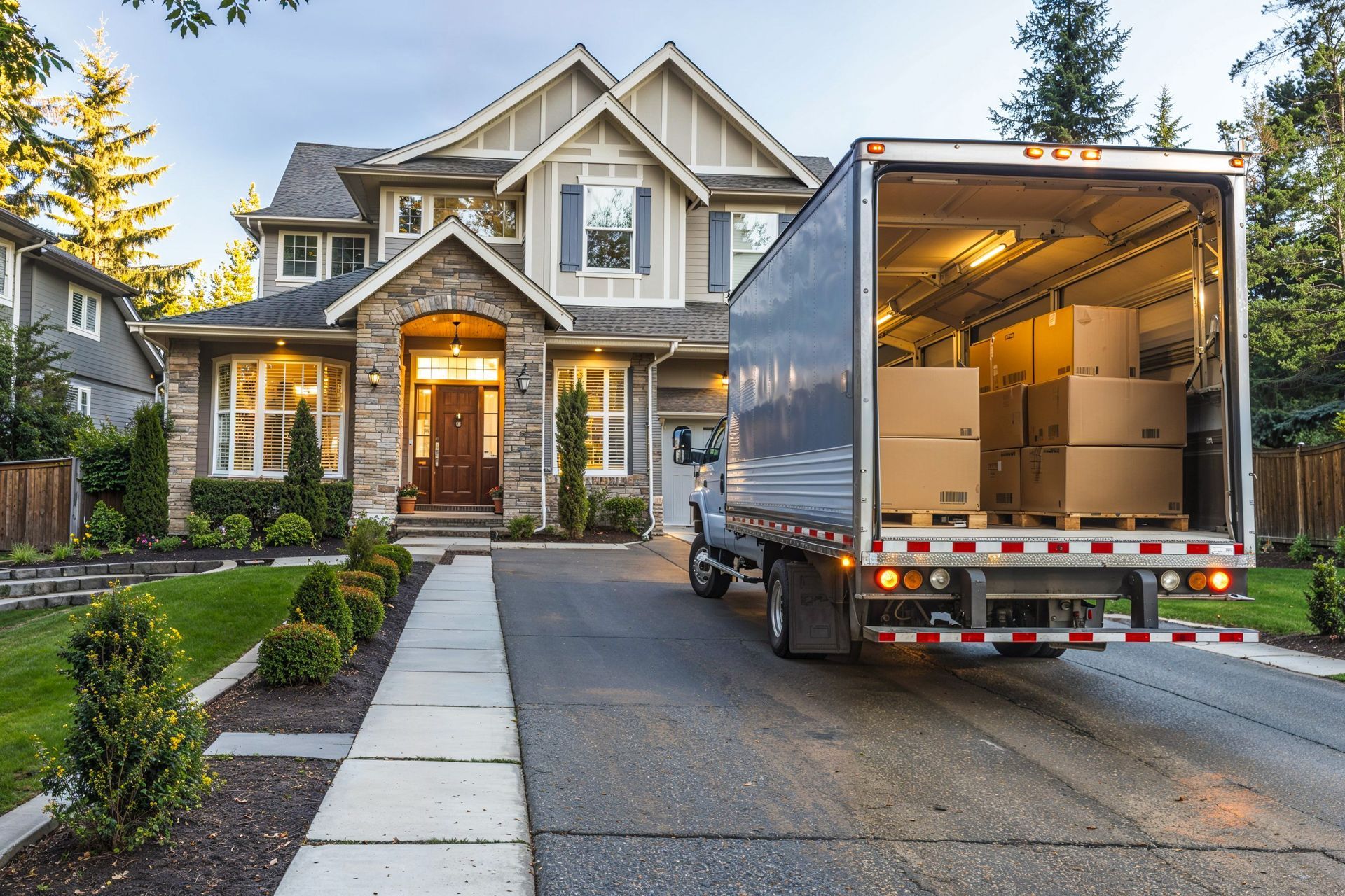 Moving truck parked in front of a house, filled with boxes. Driveway, grass, and trees.