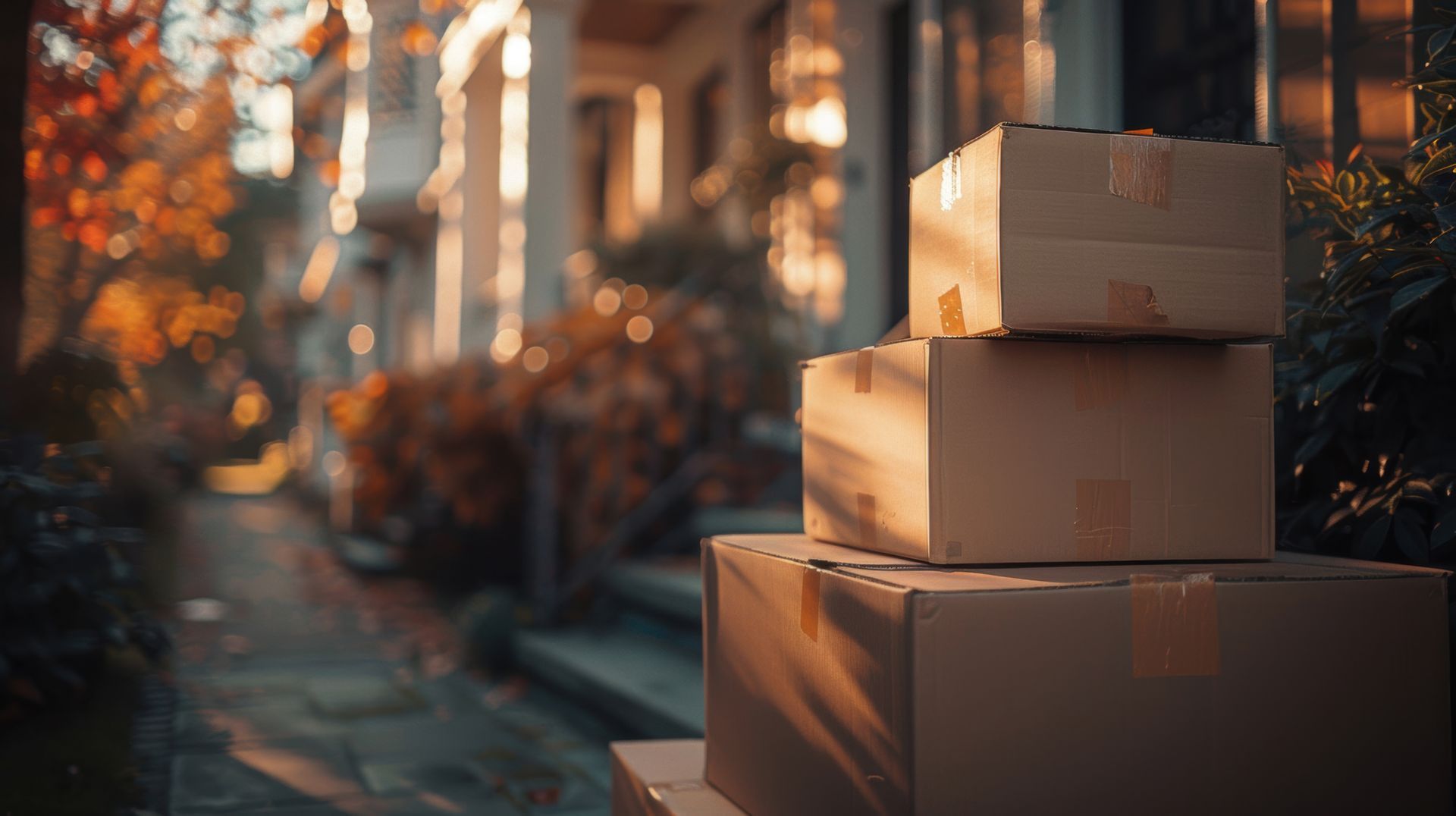 Cardboard boxes stacked on a stoop. A residential street is in the background, lit by sunlight.
