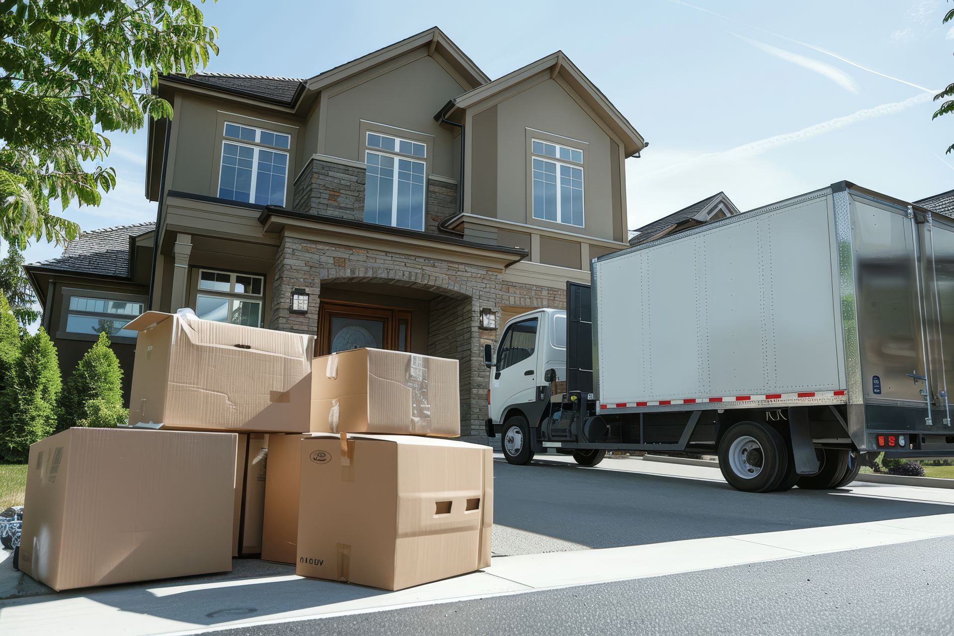 Moving truck parked in front of a house, cardboard boxes stacked on the driveway.