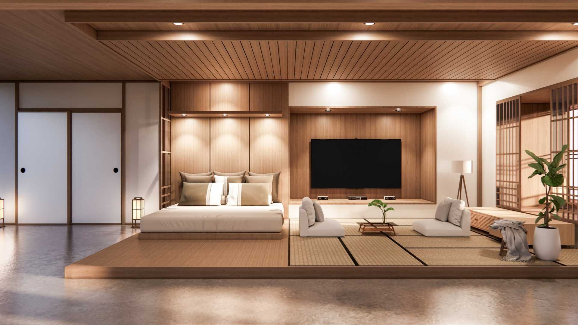 A living room with a large bed , couch , and television.
