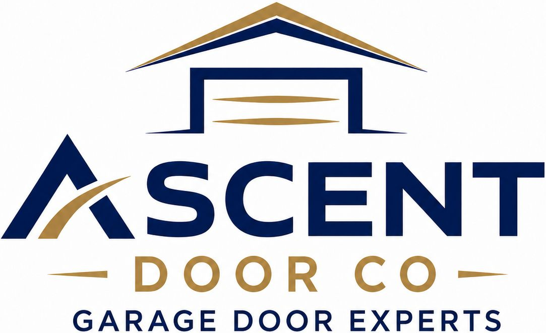 Ascent Door Co logo with blue and gold roof icon and “Garage Door Experts” text