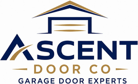 Ascent Door Co logo with blue and gold roof icon and “Garage Door Experts” text