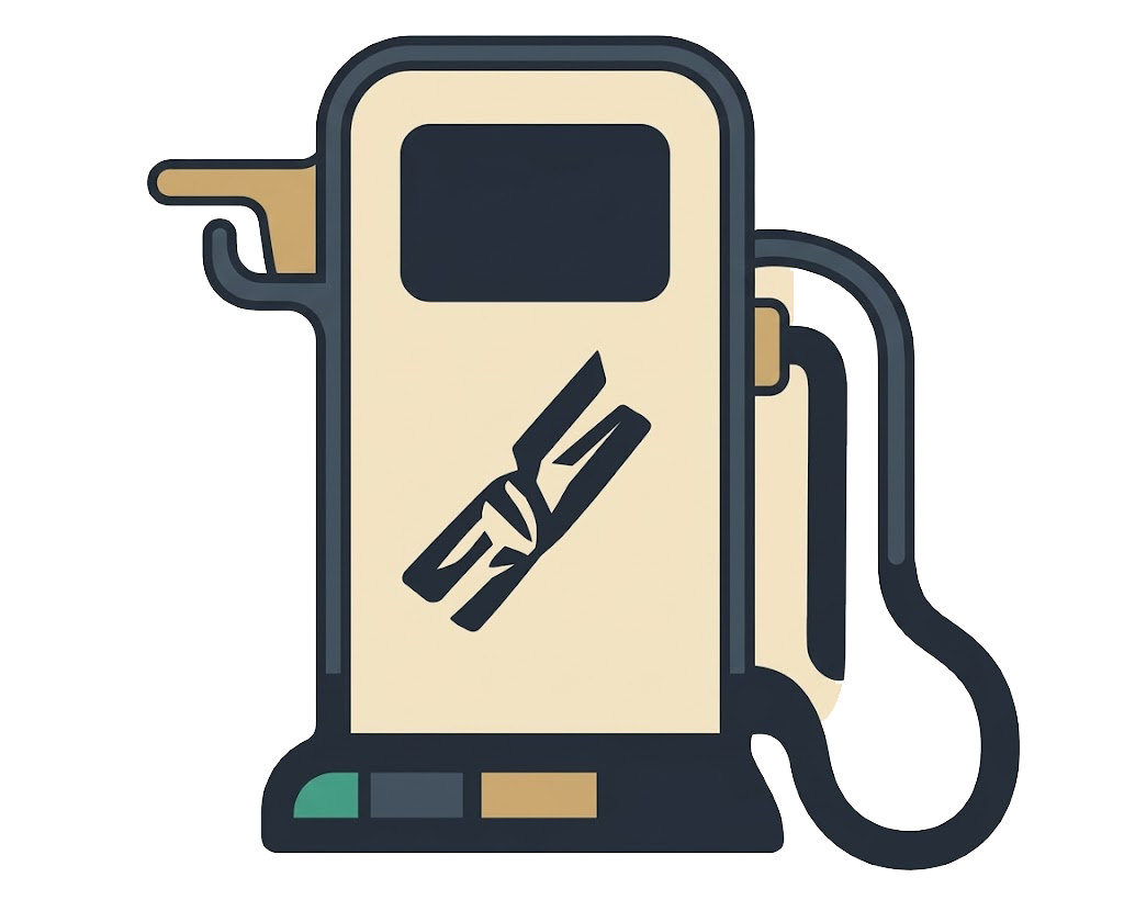 A stylized light-colored gas pump with a black hose and a sugarcane graphic on the front.