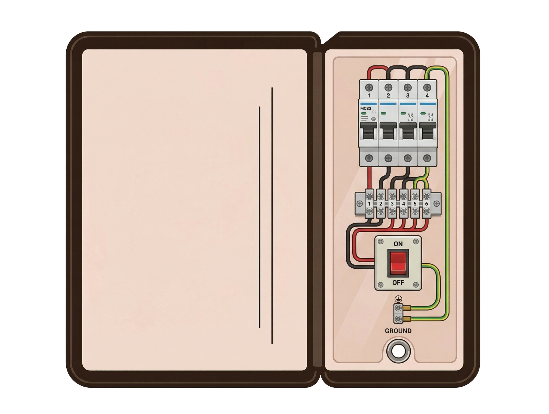 An open electrical distribution board showing a four-pole circuit breaker, a terminal block, and an indicator light.