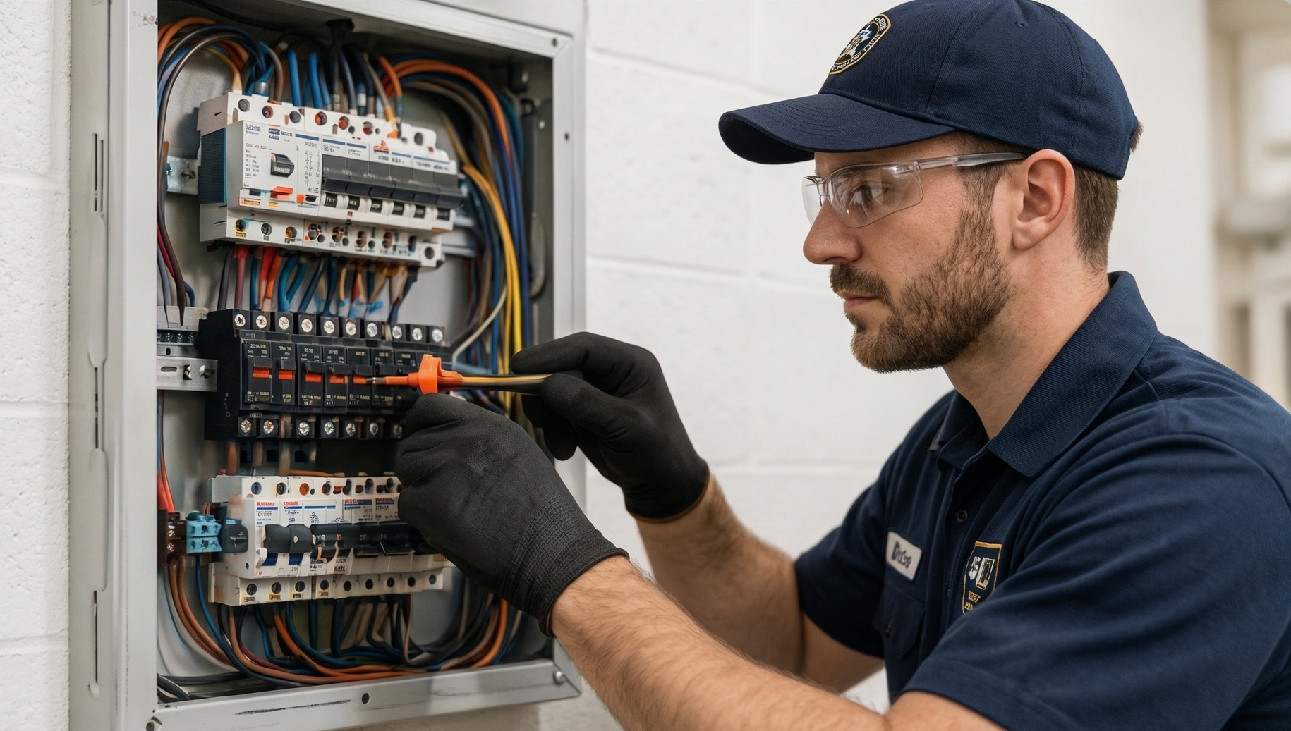 An electrical distribution board with multiple circuit breakers and neatly arranged black and blue wiring.